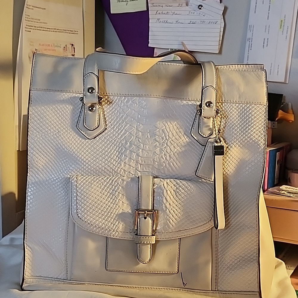 Coach Cream Textured Tote with Buckle Detail